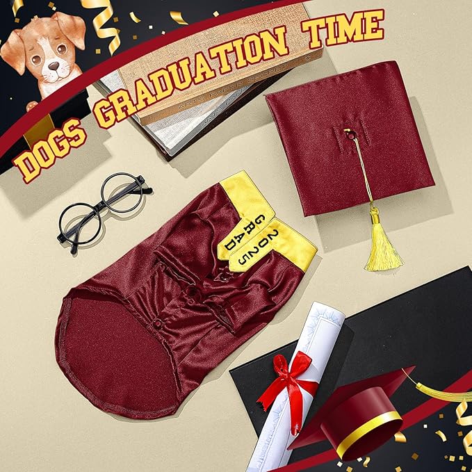 5 Pcs Dog Graduation Costume Set Include 2025 Pet Graduation Gown with Stole Puppy Grad Cap Lensless Glasses DIY Letter Stickers for Dogs Cats Holiday Costume Accessory(Maroon Yellow,L)
