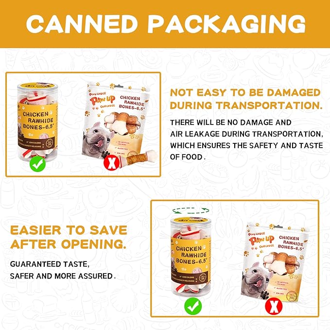 Dog Treat Rawhide Bones with Chicken (6.5 ", 4 pcs), Dog Chews Beefhide Treats w/Taurine, 10.5 oz