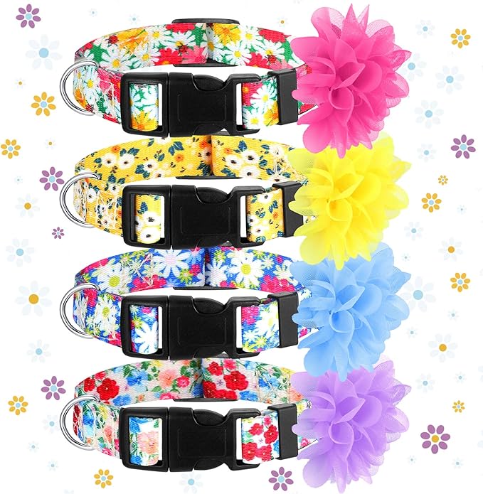 Kajaia 4 Pack Spring Summer Cute Dog Collars for Small Medium Large Female Dogs with Removal Flower Adjustable Nylon Pet Collars(Large)