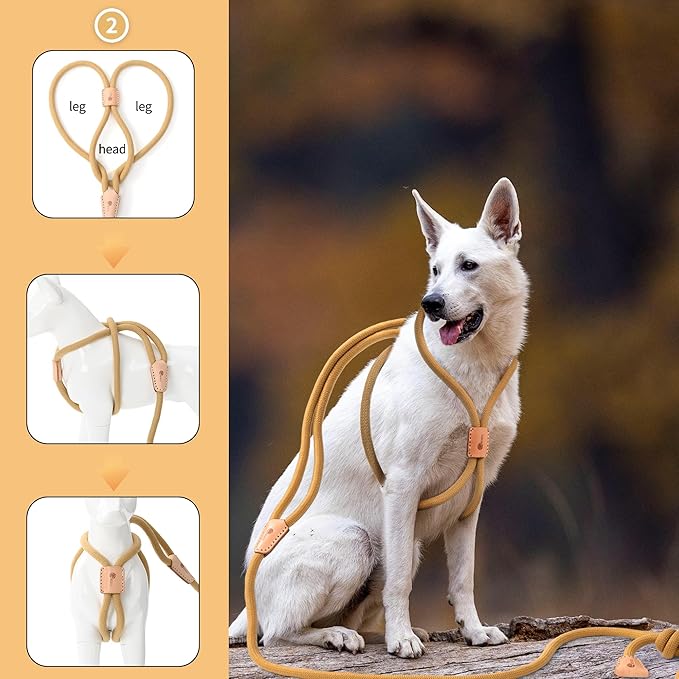 Mile High Life Harness Lead No Pull, All in one Dog Lead 2-in-1, Rope Leash and Harness Two in One, Slip Leash for Puppy Small Dogs Training, 4FT Yellow