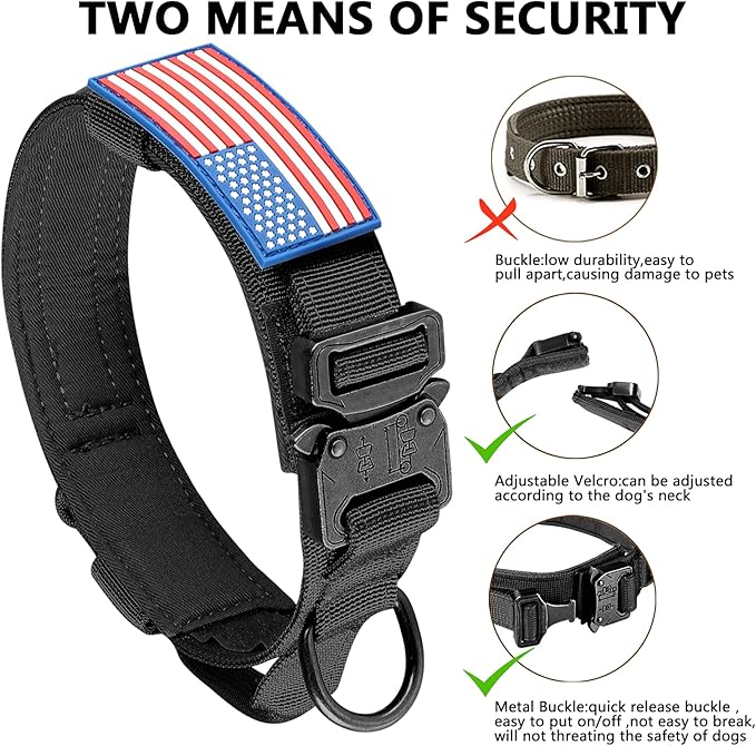 DAGANXI Tactical Dog Collar, Adjustable Military Training Nylon Dog Collar with Control Handle and Heavy Metal Buckle for Medium and Large Dogs, with Patches and Airtags Case (S, Black)