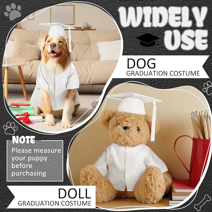 Xuniea 2 Pcs Dog Graduation Costume Set 2025 Dog Graduation Cap and Gown Puppy Hat with Tassel Matte Pet Grad Outfit Cats Grad Bear Holiday Party Costume Accessory(White,Large)