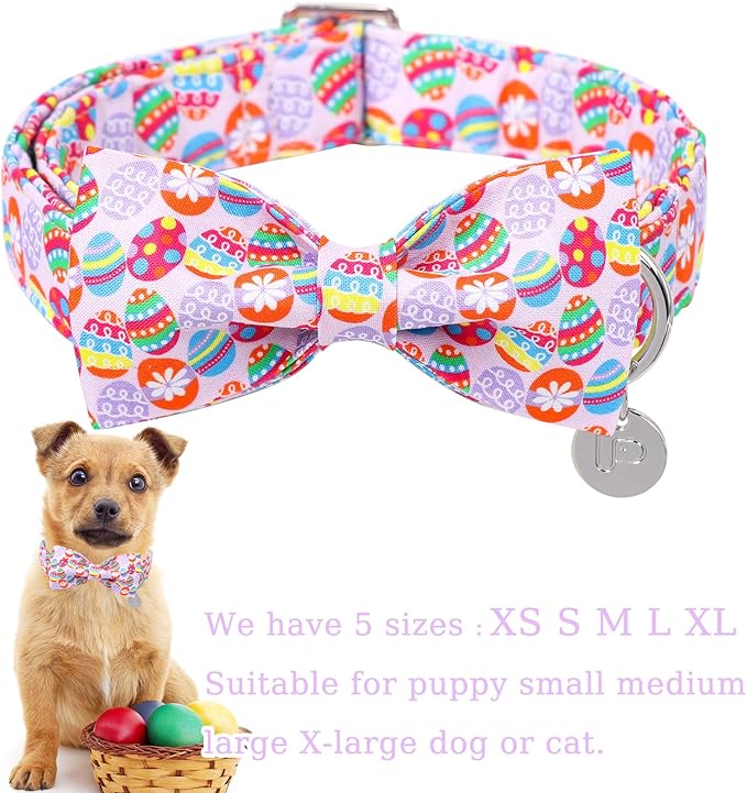 Easter Dog Collar with Bow Tie, Cotton Easter Bowtie Collar for Large Girl Boy Dog, Colorful Easter Eggs Pet Collar with Metal Buckle, Easter Gift Dog Collar, S