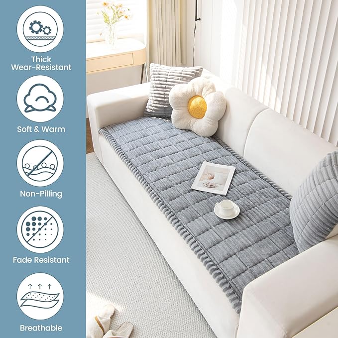 OTOB Couch Cover for Dogs Washable, Non Slip Plush Sofa Covers, Soft Fuzzy Durable Kids Pet Friendly Furniture Protector Covers (Light Gray, 27.6" x 70.9")