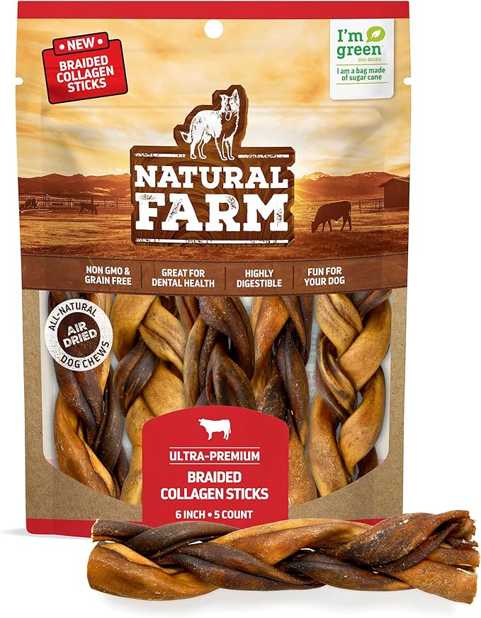 Natural Farm Braided Collagen Chews for Dogs (6 Inch, 5 Pack), Collagen Sticks, Natural Dog Chews, Long Lasting, for Small, Medium and Large Dogs, Odor-Free, Rawhide Alternative