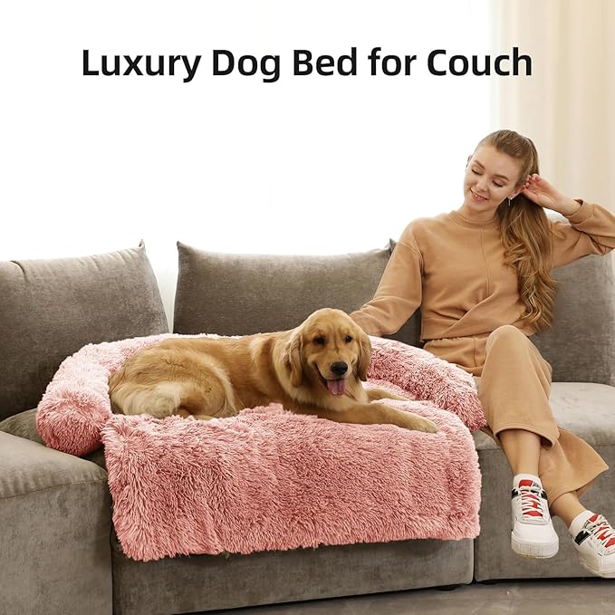 Calming Dog Bed Fluffy Plush Dog Mat for Furniture Protector with Removable Washable Cover for Large Medium Small Dogs and Cats (Extra Large (53x39.3x6), Pink)