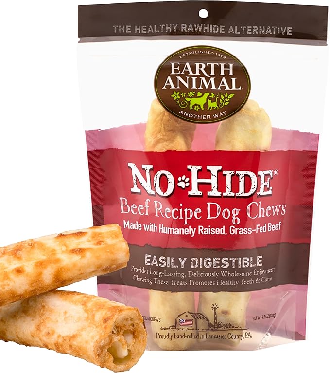Earth Animal No Hide Medium Beef Flavored Natural Rawhide Free Dog Chews Long Lasting Chew Sticks | Treats for Large Dogs | Great for Aggressive Chewers (1 Pack)