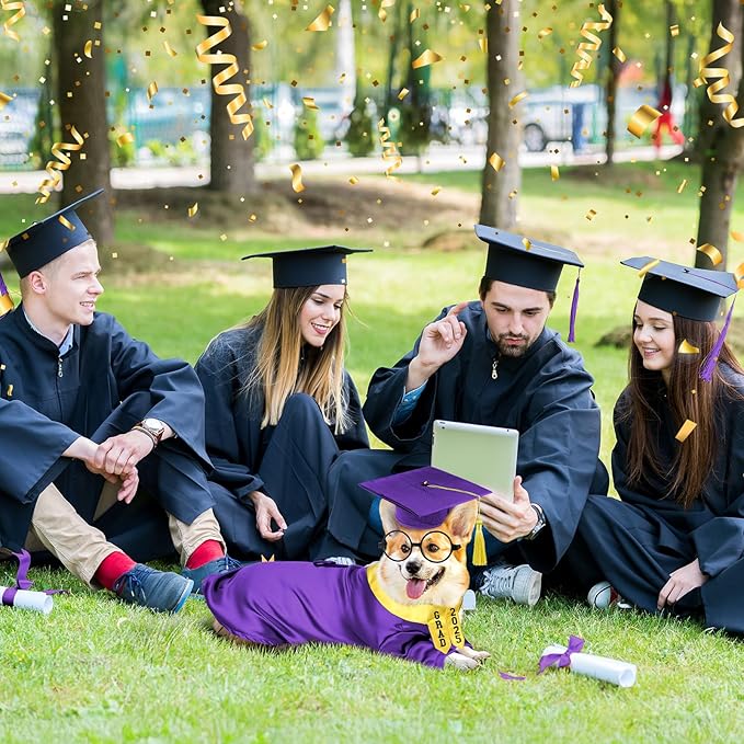 5 Pcs Dog Graduation Costume Set Include 2025 Pet Graduation Gown with Stole Puppy Grad Cap Lensless Glasses DIY Letter Stickers for Dogs Cats Holiday Costume Accessory(Purple Yellow,L)