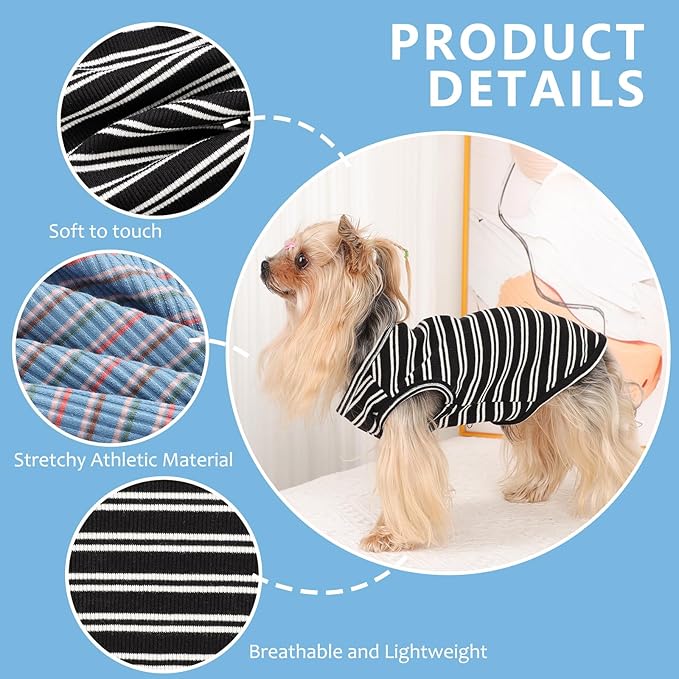 2Pack Dog Shirts for Small Dogs Girl Boy Striped Dog Shirt Vest Soft Stretchy Puppy Clothes Sleeveless Colorful Sweatshirt Small Puppy Outfit for Chihuahua Yorkie, Black+Blue, S