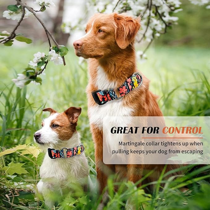 Hikiko Martingale Collar for Dogs Cute Floral Dog Collar for Small Medium Large Dogs Soft Nylon Adjustable Dog Collars (Flower Grass,Large)