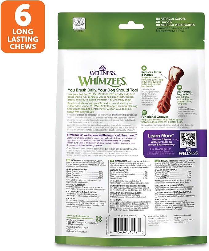 Whimzees Wellness Brushzees Dog Dental Treats, Natural Chews, Large Size Stick, (6 Count)