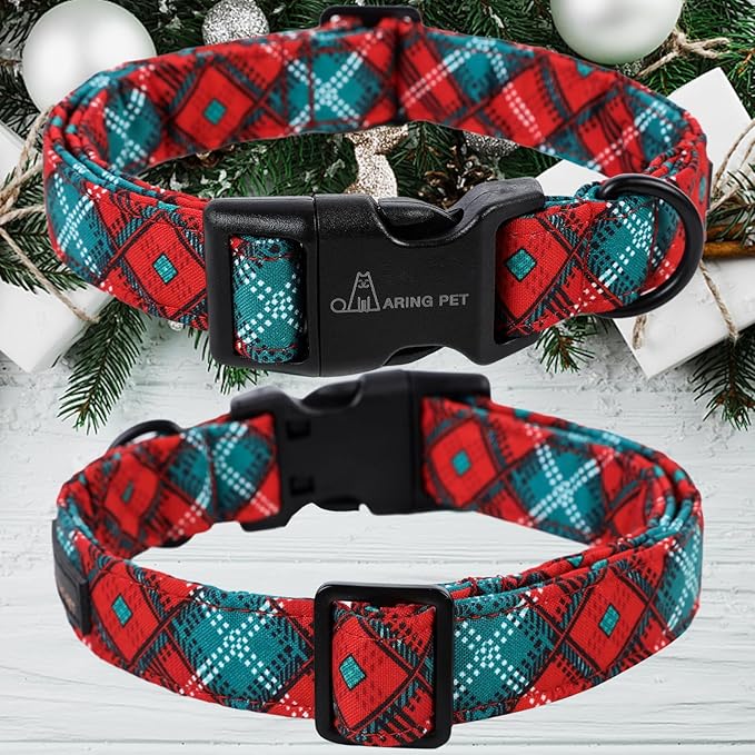ARING PET Christmas Dog Collar-Cotton Lightweight Red Green Plaid Dog Collars, Adjustable Christmas Pet Collar Puppy Collars with Quick Release Buckle