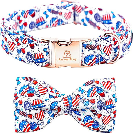 Lionheart glory American Flag Dog Collar, 4 of July Dog Bow Collar Heavy Duty Adjustable Patriotic Dog Collar with Bowtie for Large Dogs Pet Gift