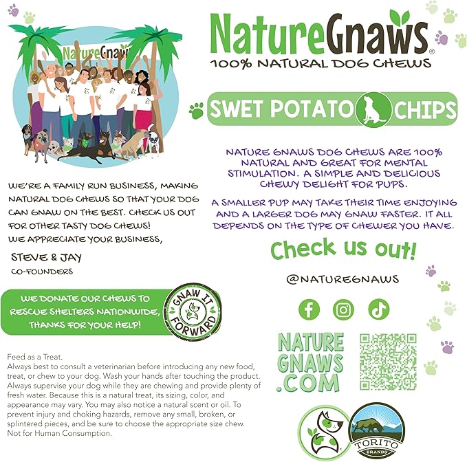 Nature Gnaws Sweet Potato Chips for Dogs - Single Ingredient Natural Dog Chew Treats - 12 oz