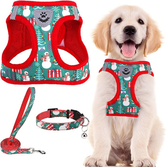 PUPTECK Adjustable Dog Harness Collar and Leash Set Step in No Pull Pet Harness for Small Medium Dogs Puppy and Cats Outdoor Walking Running, Soft Mesh Padded Reflective Vest Harnesses, Christmas, M