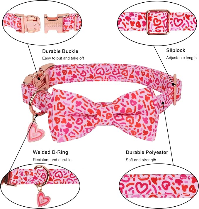 ADOGGYGO Valentine Dog Collar with Bow, Metal Buckle, Adjustable Pink Heart Bowtie Pet Valentine Collars for X-Small Dogs (X-Small)