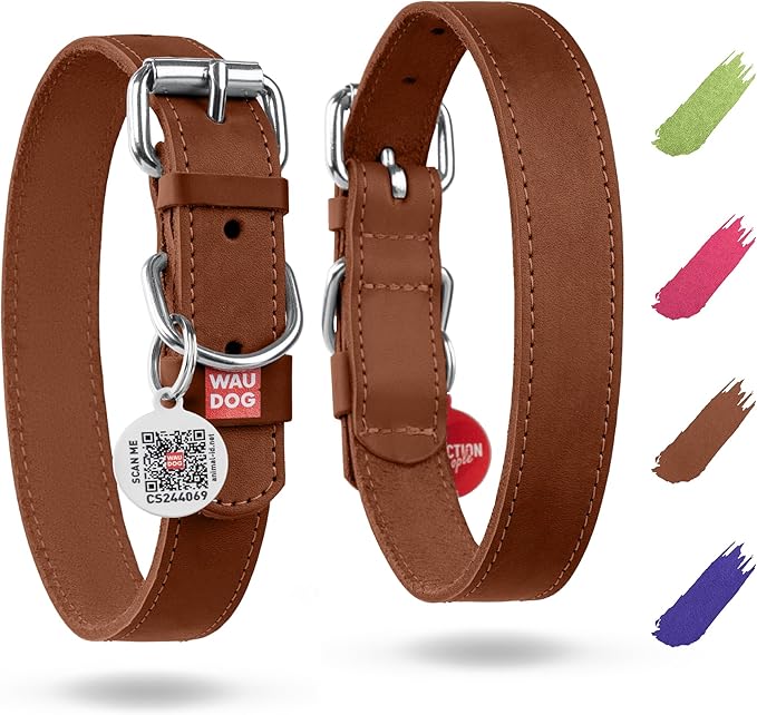 WAUDOG Long Lasting Leather Dog Collar for Large Dogs, Medium & Small Dogs - Adjustable Classic Puppy Collars for Large Breed Dogs - Boy & Girl Dog Collars with Durable Buckle, D-Ring & QR Dog Tag