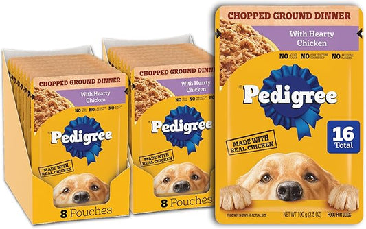 PEDIGREE CHOPPED GROUND DINNER Adult Soft Wet Dog Food With Hearty Chicken, 3.5 oz Pouches, 16 Pack