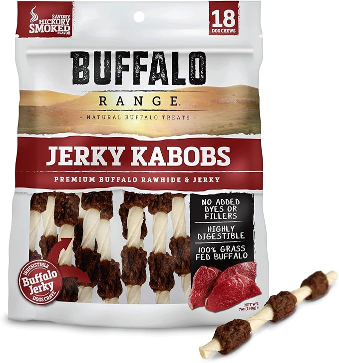 Rawhide Dog Treats - Healthy, Grass-Fed Buffalo Jerky Raw Hide Chews - Hickory Smoked Flavor - Jerky Kabob, 18 Count