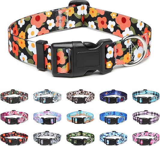 Adjustable Dog Collar with Patterns, Ultra Comfy Soft Nylon Breathable Pet Collar for Small Medium Large Dogs (M, Floral Orange)