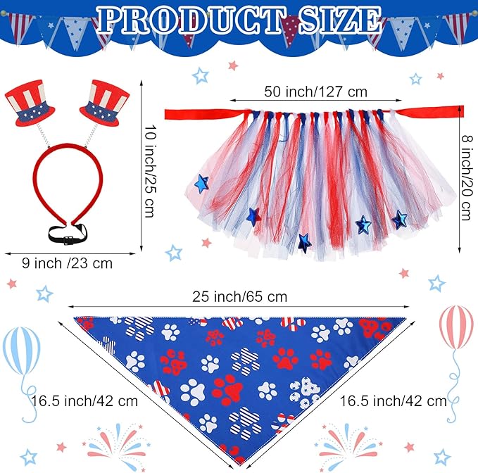 Silkfly 6 Pieces 4th of July Dog Costume Accessories Includes 4th of July Dog Bandanas Puppy Tulle Tutu and Dog Patriotic Headbands for Dogs Independence Day Fourth 4th of July Apparel Accessories