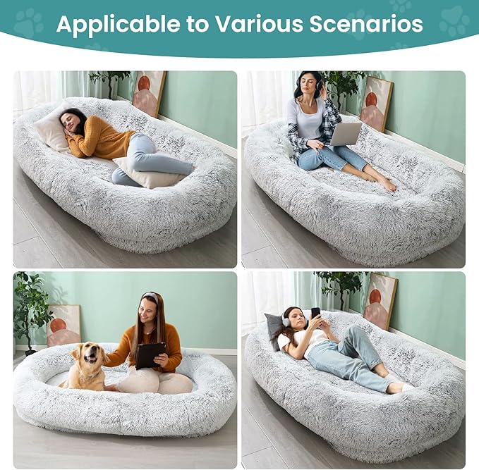 JOLLYVOGUE Human Dog Bed for Adults and Pets, Ultra-Soft Plush Giant Dog Bed with Egg Crate Foam, Non-Slip Base, and Machine Washable Cover - Perfect for Relaxation and Napping, Light Grey