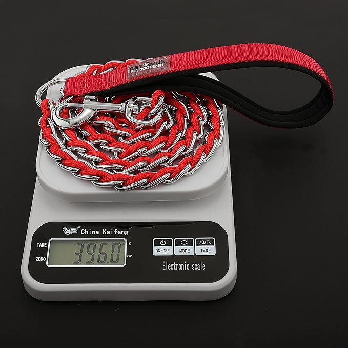 Chew Proof Metal Leash Chain for Medium Large Dogs, 5.2FT Strong Anti Chew, Comfortable Soft Padded Handle - Red