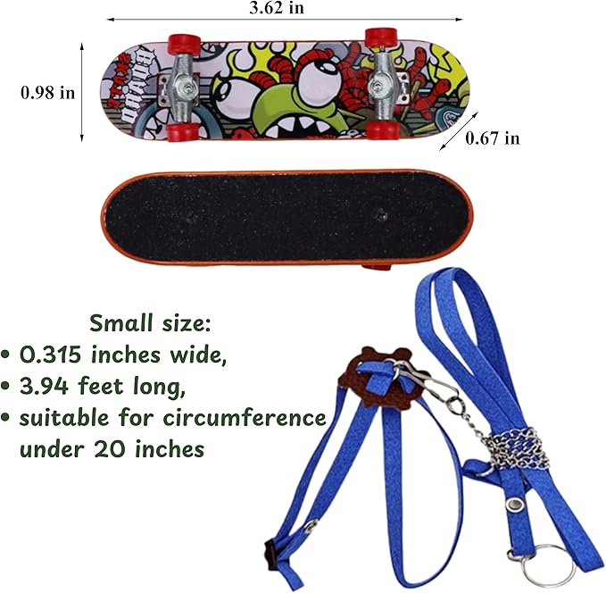 Tortoise Harness and Leash with Toy Skateboard for Turtle set, Funny Tortoise Skateboard and Adjustable Leather Harness Leash, Training Skateboard and Turtle Harness Leash Pet Tortoises Toys (Blue, S)