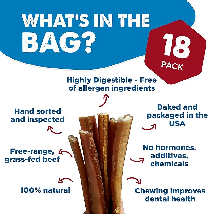 Best Bully Sticks 6 Inch Bully Sticks for Dogs - 18 Count (Pack of 1) - Natural, Easily Digestible, 100% Grass-Fed Beef, Grain and Rawhide Free