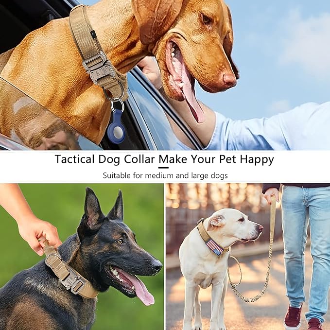 DAGANXI Tactical Dog Collar, Adjustable Military Training Nylon Dog Collar with Control Handle and Heavy Metal Buckle for Medium and Large Dogs, with Patches and Airtags Case (XXL, Brown-Set)