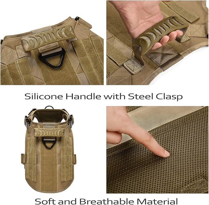Tactical Dog Harness Vest with Handle Military Working Training Molle Vest with Metal Buckles & Loop Panels for Large Dogs for Walking Hiking Hunting Training Free Bungee Dog Leash (Brown XL)