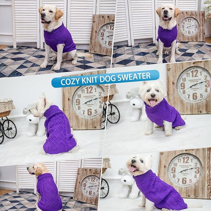 Mihachi Turtleneck Dog Sweater - Winter Coat Apparel Classic Cable Knit Clothes with Leash Hole for Cold Weather, Ideal Gift for Pet in New Year Purple Medium/Large