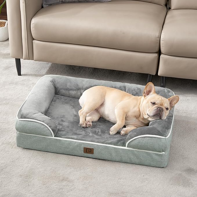 EHEYCIGA Orthopedic Dog Bed for Small Dogs, Waterproof Memory Foam Small Dog Beds with Sides, Non-Slip Bottom and Egg-Crate Foam Medium Pet Couch Bed with Washable Removable Cover, Greyish Green