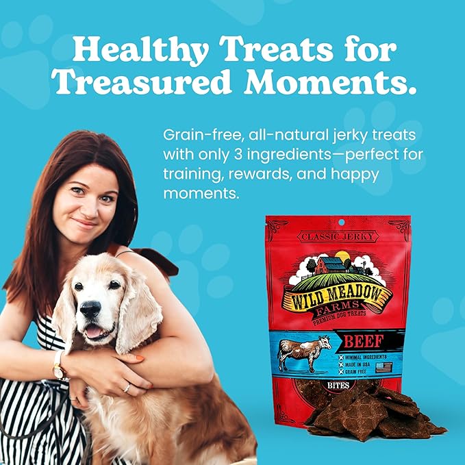 Wild Meadow Farms - Classic Beef Bites, Soft Jerky Treats for Dogs, Grain-Free & All-Natural, Ideal for Training, Portioning, and High-Value Rewards for All Breeds & Ages - 3.5 Ounce Pouch