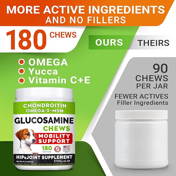 STRELLALAB Glucosamine Treats for Dogs - Joint Supplement w/Omega-3 Fish Oil - Chondroitin, MSM - Advanced Mobility Chews - Joint Pain Relief - Hip & Joint Care - Bacon Flavor - 180 Ct - Made in USA