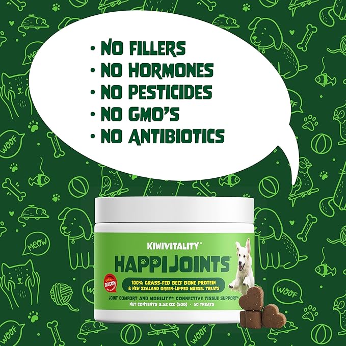 HappiJoints Hip and Joint Supplement Treats for Dogs, Cats • 100% Grass-Fed Beef Bone Collagen New Zealand Green-Lipped Mussels • 200 Treats 2-Pack
