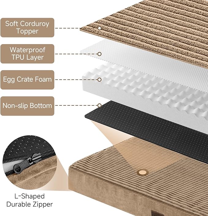 OhGeni Orthopedic Waterproof & Machine Washable Dog Bed for Medium Large Pets, Suitable for Crates, 25D Egg Crate Foam, Non-Slip Bottom & Removable Cover, Invisible Zipper, 35 Inches(Coffee)