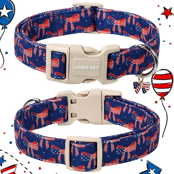 ARING PET 4th of July Dog Collar-Cute Bow Patriotic Dog Collars, Adjustable American Flag Pet Collars Puppy Collar with Quick Release Buckle