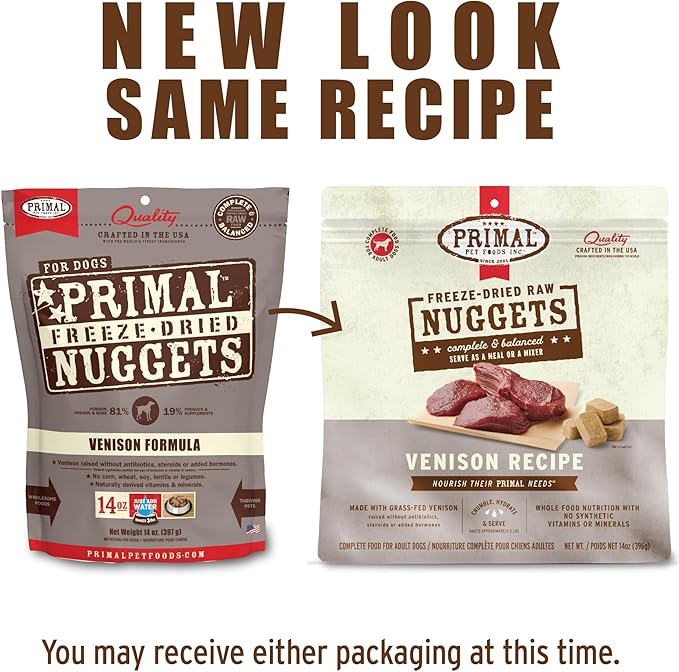 Primal Freeze Dried Raw Dog Food Nuggets, Venison, Complete & Balanced Meal, Also Use as Topper or Treat, Premium, Healthy, Grain Free, High Protein Raw Dog Food, 5.5 oz