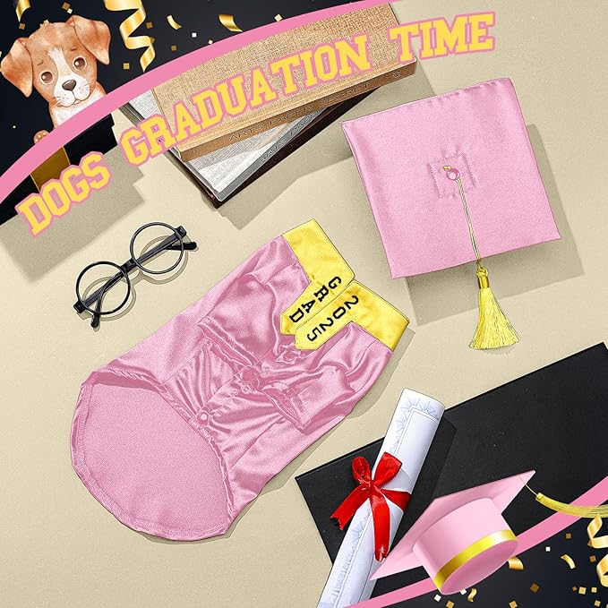 5 Pcs Dog Graduation Costume Set Include 2025 Pet Graduation Gown with Stole Puppy Grad Cap Lensless Glasses DIY Letter Stickers for Dogs Cats Holiday Costume Accessory(Pink Yellow,M)