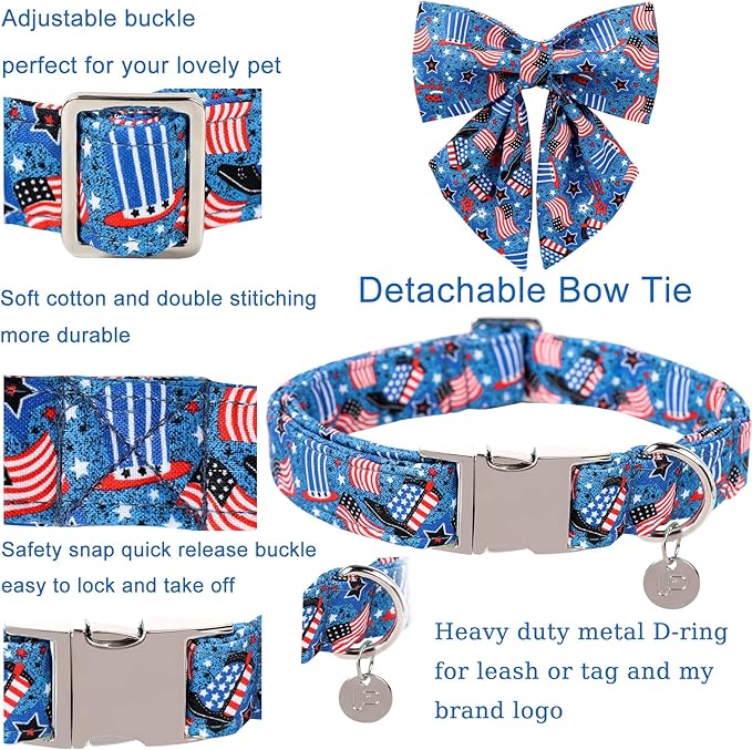 Patriotic Dog Collar with Bow Tie, 4th of July Bowtie Dog Collar, American Flag Collar for Medium Boy Girl Dog, Comfortable Summer Bowtie Collar with Metal Buckle, M