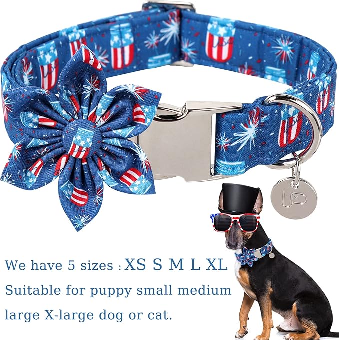4th of July Dog Collar with Bow Tie, Patriotic Flower Dog Collar, American Flag Collar for X-Large Boy Girl Dog, Comfortable Summer Flower Collar with Metal Buckle, XL