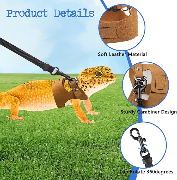 3 Pack Bearded Dragon Harness and Leash, Adjustable Leash and Harness Set with Traction Rope for Lizards and Other Small Reptiles (3 Sizes)