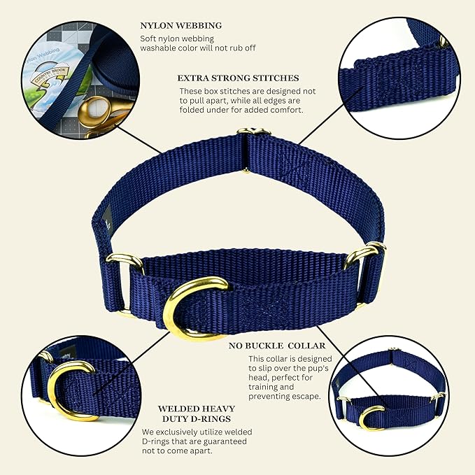 Country Brook Petz Martingale Dog Collar - Heavy-Duty Training Collar with No Buckle - Service Dog Collar for All Pups - Vibrant, Colorful Collection (Navy Blue, 3/4 Inch, Small)