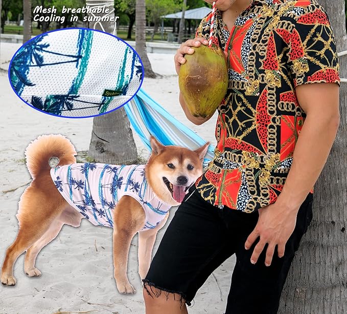 Hawaiian Dog Shirts,Quick Dry Summer Cooling Mesh Coconut Printing T-Shirt for Large Dogs,Blue+Yellow L