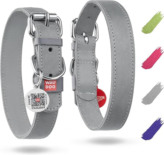 WAUDOG Long Lasting Leather Dog Collar for Large Dogs, Medium & Small Dogs - Adjustable Classic Puppy Collars for Large Breed Dogs - Boy & Girl Dog Collars with Durable Buckle, D-Ring & QR Dog Tag