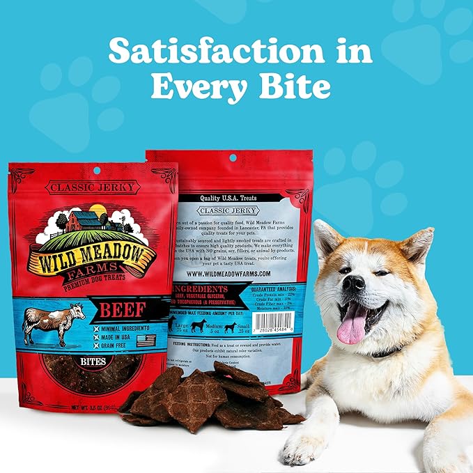 Wild Meadow Farms - Classic Beef Bites, Soft Jerky Treats for Dogs, Grain-Free & All-Natural, Ideal for Training, Portioning, and High-Value Rewards for All Breeds & Ages - 3.5 Ounce Pouch