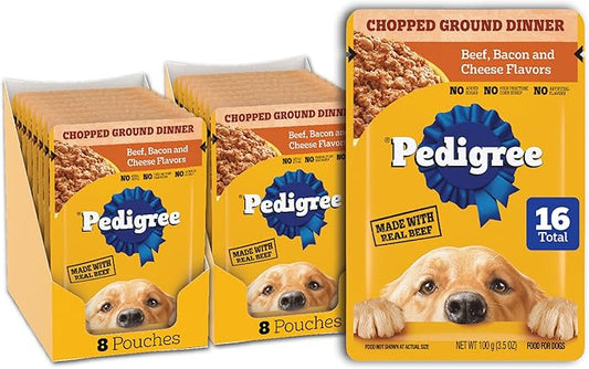 PEDIGREE CHOPPED GROUND DINNER Adult Soft Wet Dog Food, Beef, Bacon & Cheese Flavors, 3.5 oz Pouches, 16 Pack