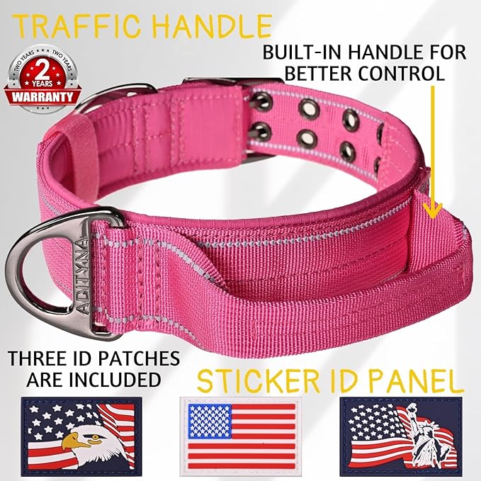 ADITYNA Heavy Duty Dog Collar for Medium Dogs - Reflective Pink Girl Collar with Handle for Training, and Walking - Wide, Thick, Tactical, Soft Neoprene Padded