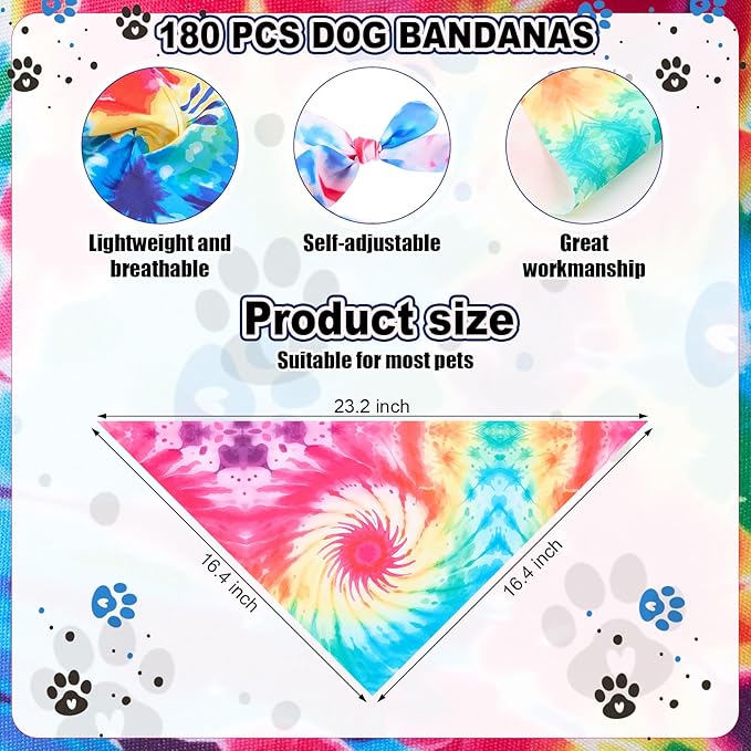 Aliceset 180 Pcs Tie Dye Dog Bandana Bulk Rainbow Bandanas for Dogs Adjustable Washable Pet Triangle Scarf Cute Paisley Kerchief Bibs for Pet Summer Costume Accessories Decorations